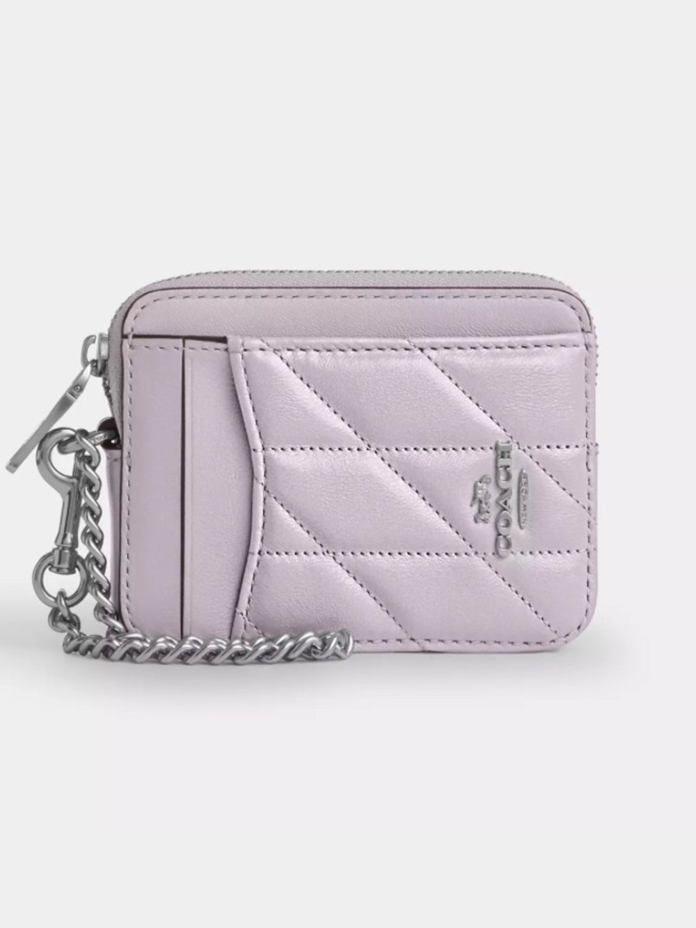 Coach Zip Card Case - Pearlized Leather Silver/Pink